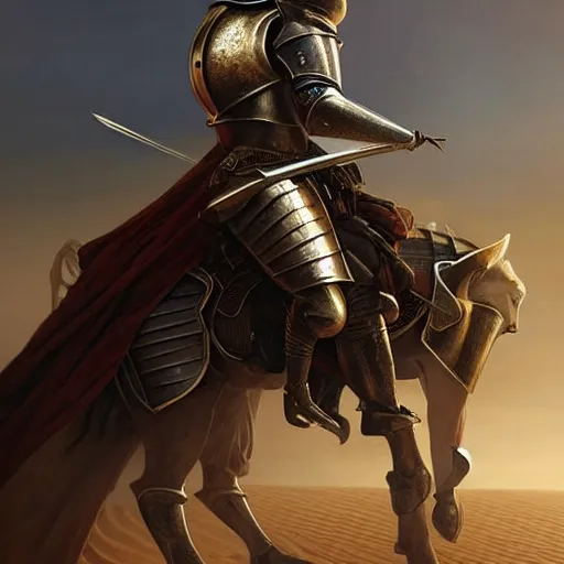 Image similar to A noble medieval knight fighting a war in the desert, dust and blood in the air, dark and horrifying, cinematic lighting, smooth, sharp focus, Gold and Silver Armour Suit, black iron sword, art by Artgerm and Greg Rutkowski and Alphonse Mucha