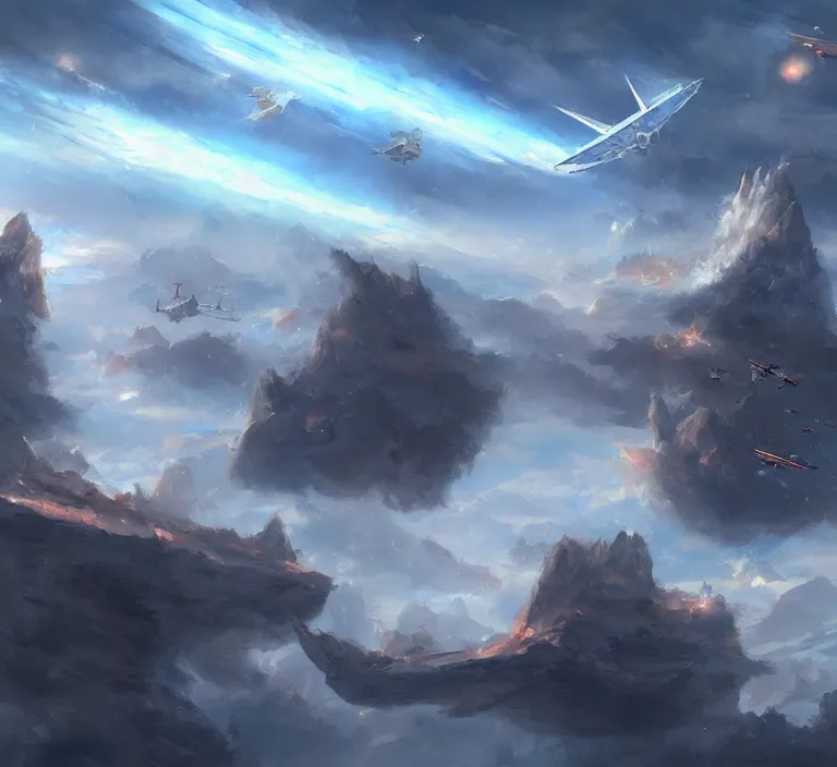 Prompt: flying ships in a sky war over the greek towers in the clouds, epic battle, digital painting, trending on artstation