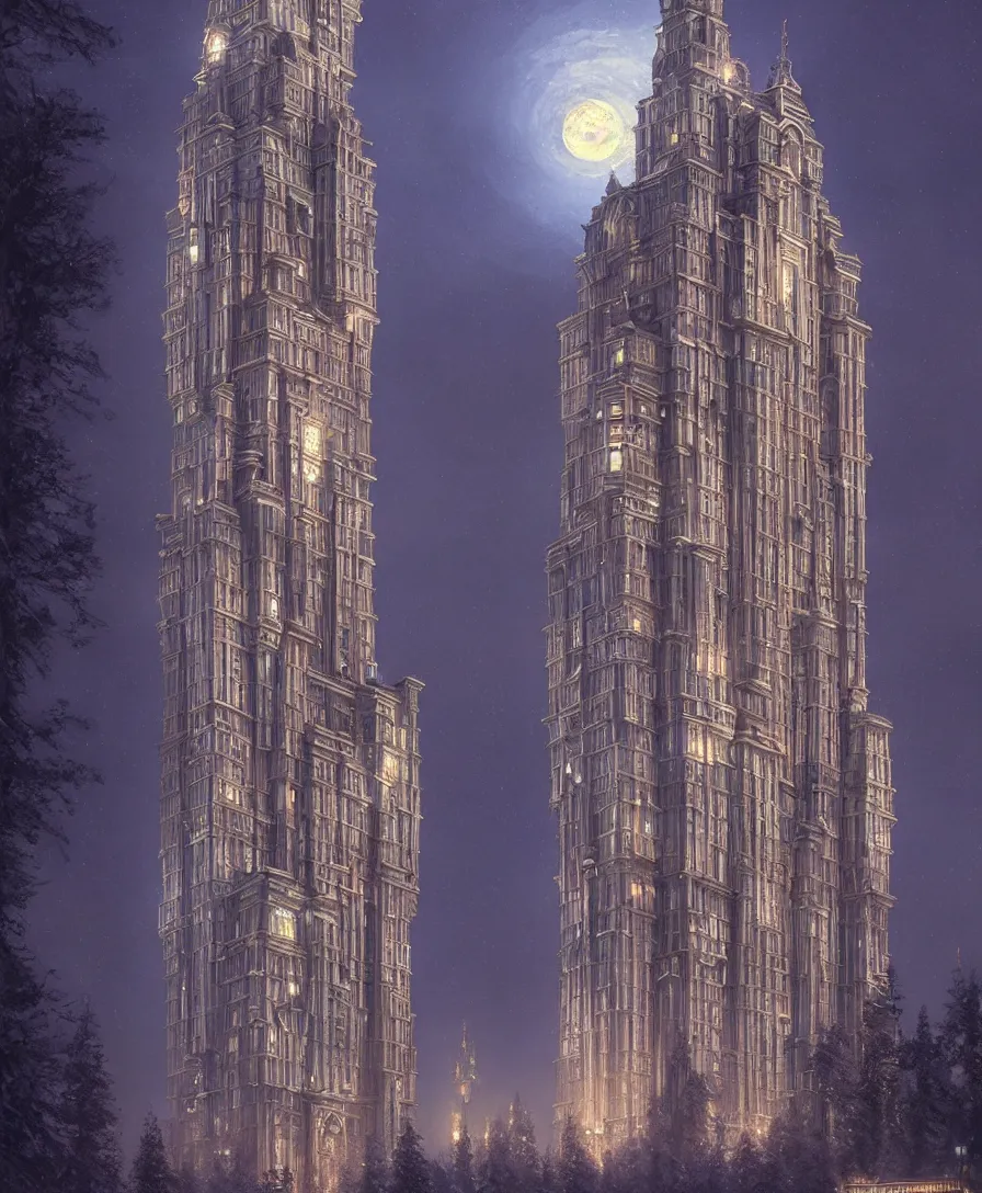 Prompt: slavic architecture style megatower, moonlit night, extremely hyperdetailed symmetrical, intricate 8 k, hdr, unreal engine 5, chiaroscuro, sharp focus, trending on artstation, by jeremy lipking and ferdinand knab and artgerm