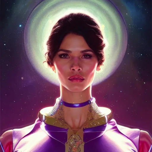 Image similar to Portrait of very very very very very very beautiful Latina woman, spacesuit, purple eyes, intricate, elegant, highly detailed, digital painting, artstation, concept art, smooth, sharp focus, illustration, art by artgerm and greg rutkowski and alphonse mucha