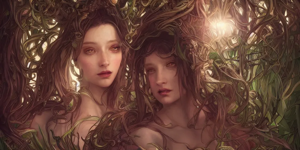 Prompt: scary plant people with tendrils, ominous, intense lighting, light beams, lens flare, intricate, elegant, highly detailed, digital painting, artstation, concept art, smooth, sharp focus, illustration, art by artgerm and serpentigena and alphonse mucha