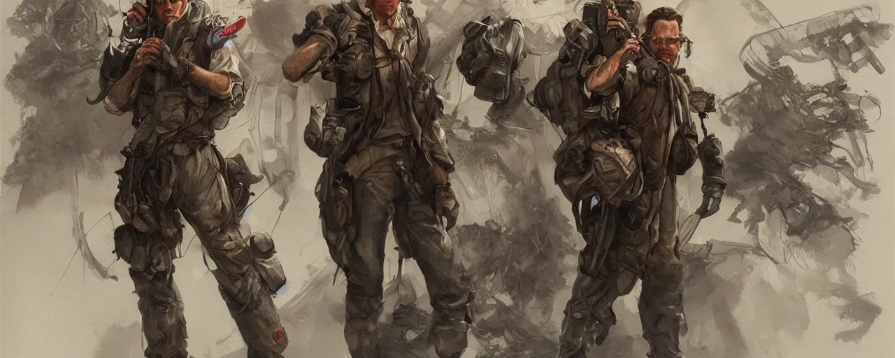 Image similar to character design, reference sheet, gaunt, 70's jetfighter pilot, unshaven, optimistic, stained dirty clothing, concept art, photorealistic, hyperdetailed, 3d rendering! , art by Leyendecker! and thomas moran,