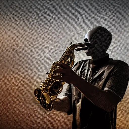 Image similar to metal cyborg playing saxophone in the desert, 8 k, movie still