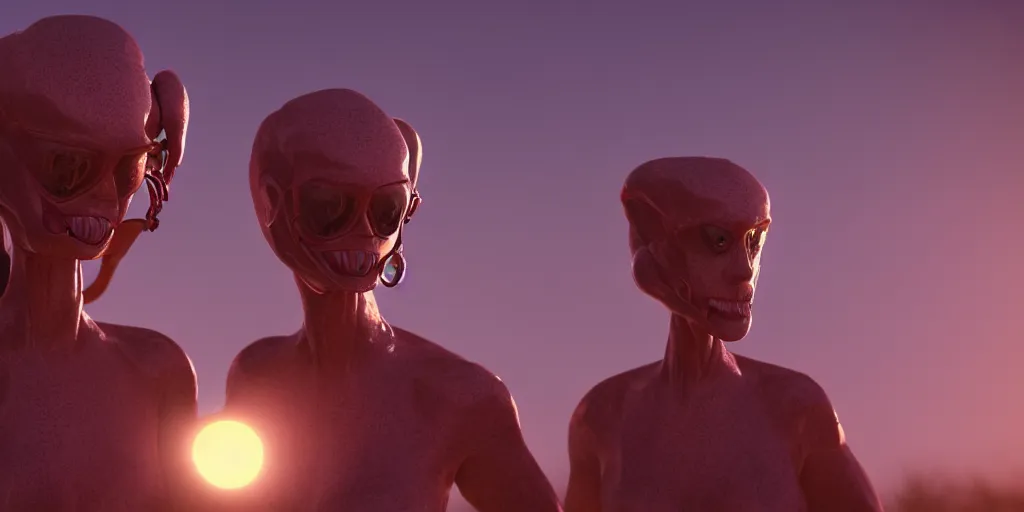 Image similar to lesbian aliens from mars sun setting, cinematic lighting, digital painting, octane render