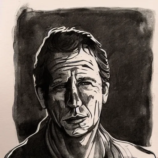 Image similar to ink and brush drawing of ben mendelsohn walking on the beach smoking, sunset