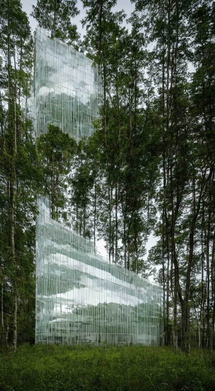 Prompt: a photo of a contemporary glass building in a forest covered in fabric. the fabric is translucent white. grass and oak trees surround the building at dusk. futurist architecture, in the style of antonio santelia