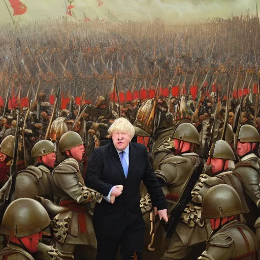 Image similar to general boris johnson leading his men into battle, glorified image, 8k, oil painting, photo realisitc face