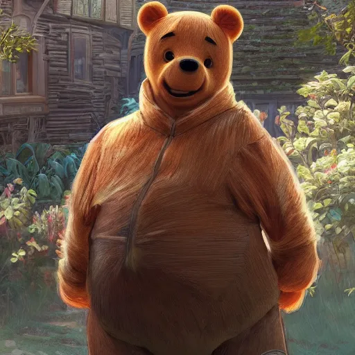 Image similar to clear portrait of xi jiping as winnie the poo, cottagecore!!, detroit hood background hyper detailed, character concept, full body, dynamic pose, elegant, intricate, highly detailed, digital painting, artstation, concept art, smooth, sharp focus, illustration, art by artgerm and greg rutkowski and alphonse mucha