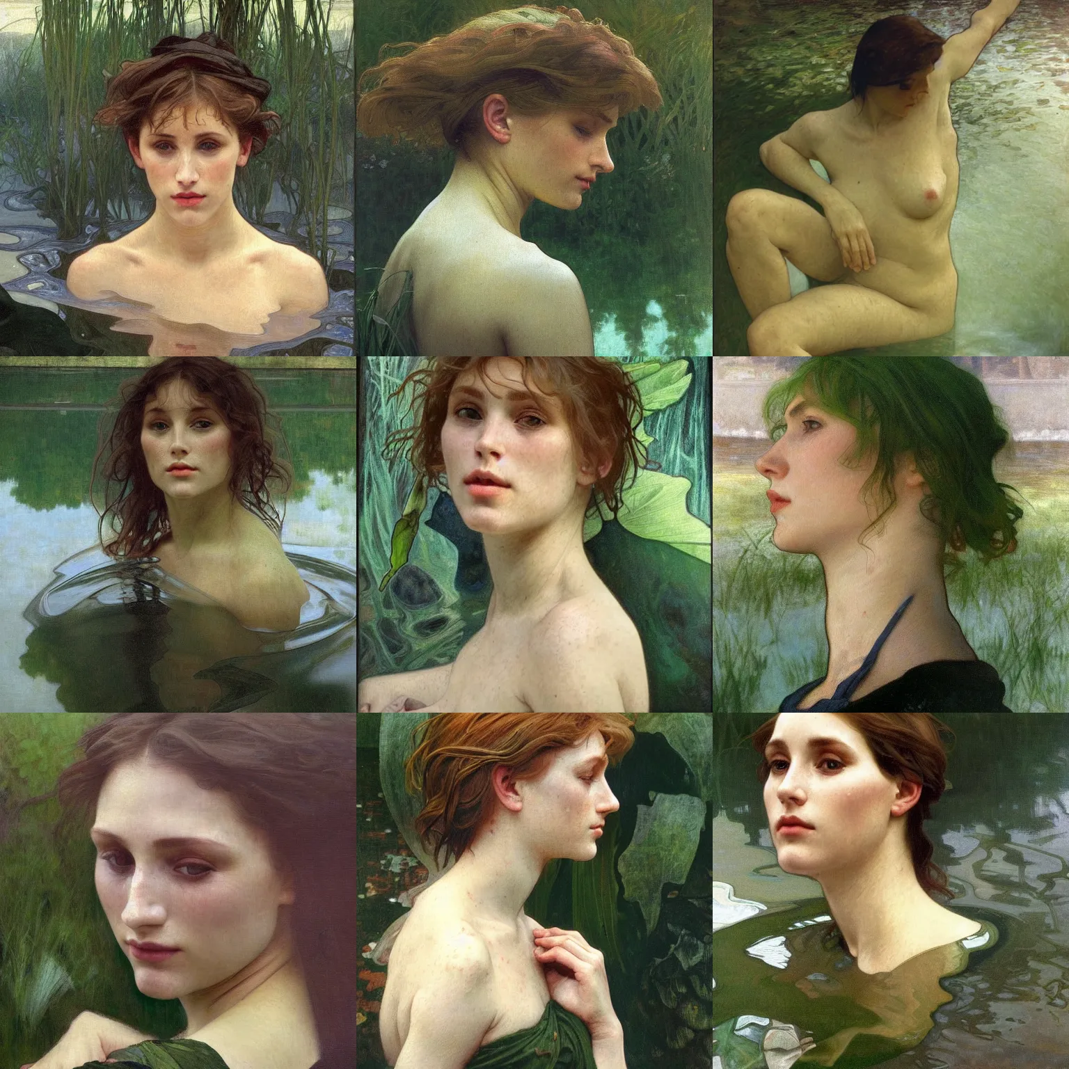 Prompt: hyperrealist portrait in a river, close up half body face, dark green water, algae, by alphonse mucha and lucian freud and bouguereau, foggy twilight lighting, very detailed faces