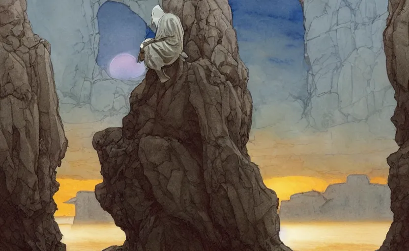 Image similar to a hyperrealist watercolor concept art of a medieval monk in grey robes looking at a sunset through a rock arch dimensional portal to an alien world. very muted colors, by rebecca guay, michael kaluta, charles vess. high detail, hq, wide shot, 4 k