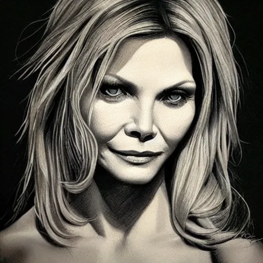 Image similar to amazing lifelike award winning pencil illustration of Michelle pfeiffer in scarface trending on art station artgerm Greg rutkowski cinematic
