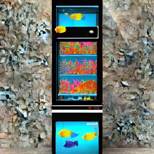 Image similar to fishtank, vending machine, digital art