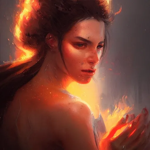 Image similar to a beautiful portrait of a fire goddess by Greg Rutkowski and Raymond Swanland, Trending on Artstation, Flaming Background, ultra realistic digital art