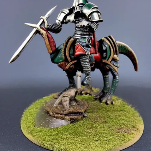 Image similar to Warhammer mini of medieval english knight with sword riding a dinosaur