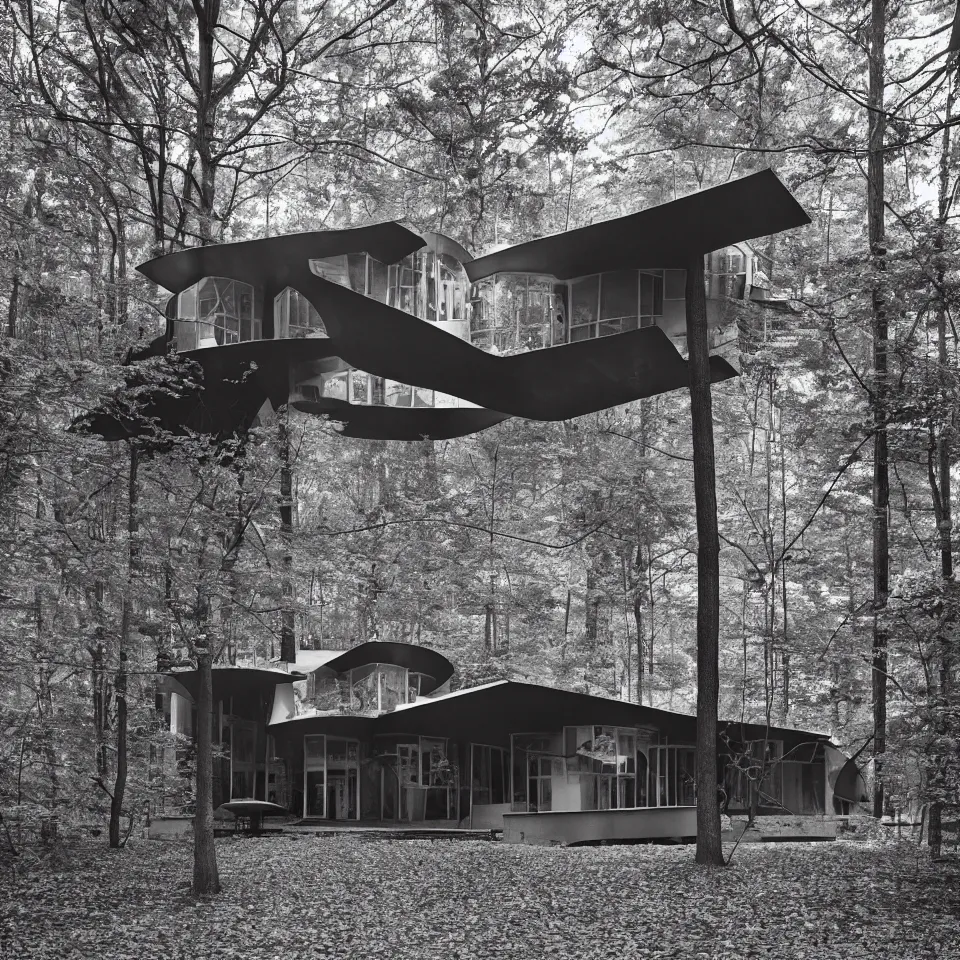 Prompt: architecture ad for a mid-century modern house in the middle of the forrest, designed by Frank Gehry. Film grain, cinematic, grayscale, yellow hue