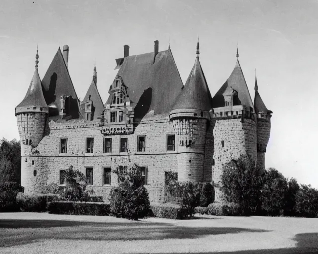 Image similar to old black-and-white photograph of a French castle constructed with lego bricks