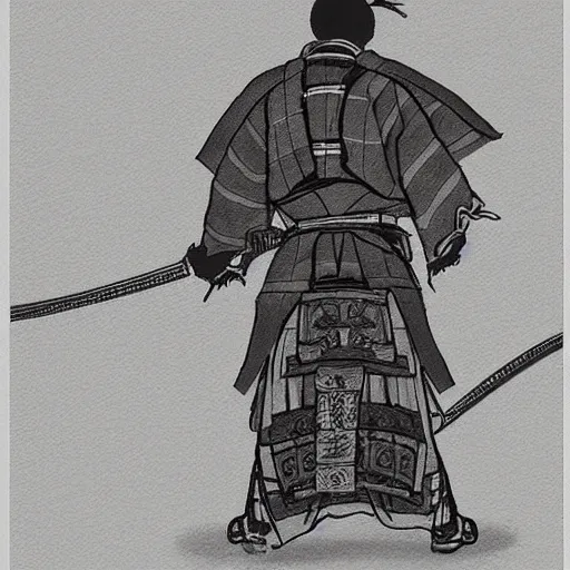 Image similar to A FULL BODY PORTRAIT FROM BEHIND OF A SAMURAI WITH A KATANA AND A CHAIN , ink style , sketch