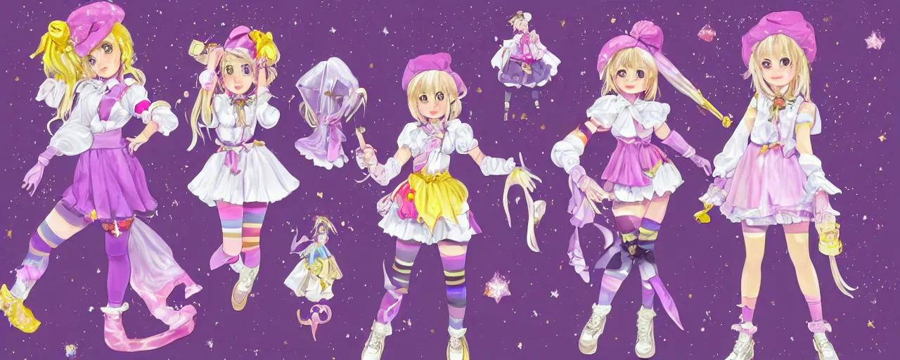 Image similar to A character sheet of full body cute magical girls with short blond hair wearing an oversized purple Beret, Purple overall shorts, Short Puffy pants made of silk, pointy jester shoes, a big billowy scarf, and white leggings. Rainbow accessories all over. Fancy Dress, Lolita Fashion, Golden Ribbon, Flowing fabric. Covered in stars. Short Hair. Art by william-adolphe bouguereau and Paul Delaroche and Alexandre Cabanel and Lawrence Alma-Tadema and Johannes Helgeson and WLOP and Artgerm and Shoichi Aoki. Fashion Photography. Decora Fashion. harajuku street fashion. Kawaii Design. Intricate, elegant, Highly Detailed. Smooth, Sharp Focus, Illustration Photo real. realistic. Hyper Realistic. Sunlit. Moonlight. Dreamlike. Fantasy Concept Art. Surrounded by clouds. 4K. UHD. Denoise.