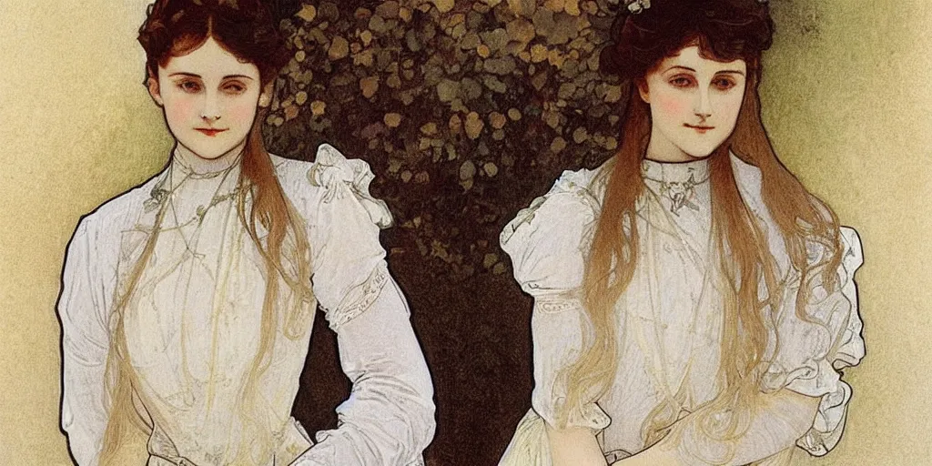 Image similar to a young edwardian woman wearing a white blouse and a grey skirt, in the style of mucha