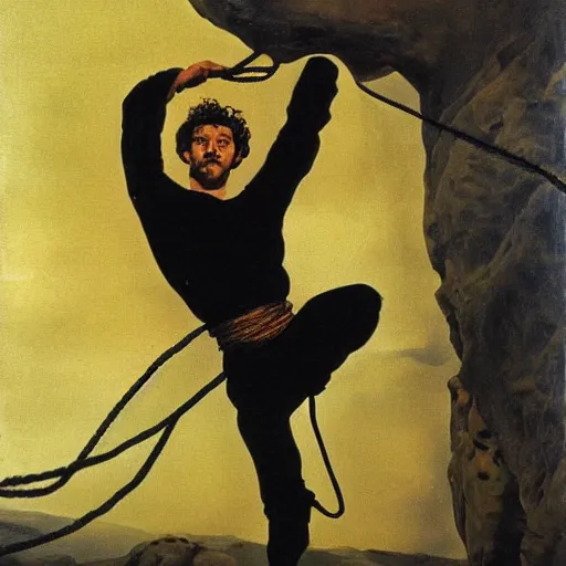 Prompt: Adam Ondra, portrait, long mustache, mustache is climbing rope, by Dali, style of salvador dali self-portrait