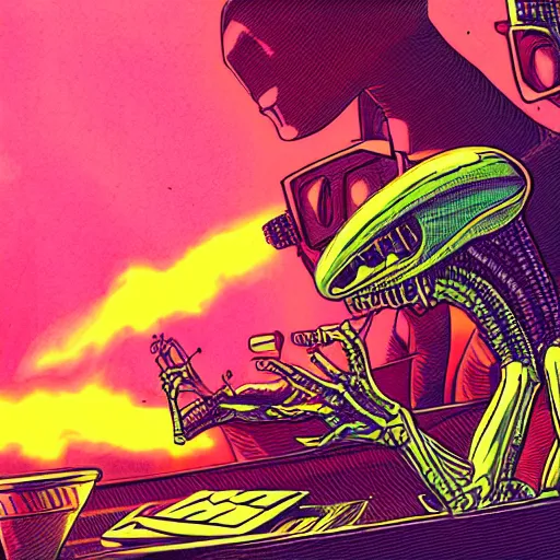 Image similar to aliens smoking weed, 4k, sharp, illustration, colorful, synthwave