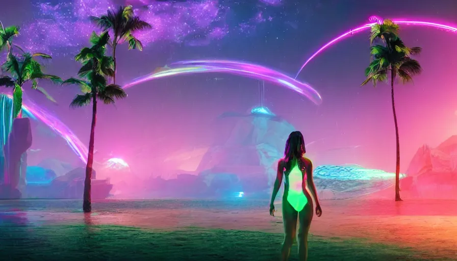 Prompt: science fiction landscape, glowing woman from the future, colorful creatures and neon green palm trees, soft rainbow in the background, shape shifting water, falling stars, deviant art, unreal engine, realistic shading, realistic render, octane render, detailed textures, photorealistic, wide shot