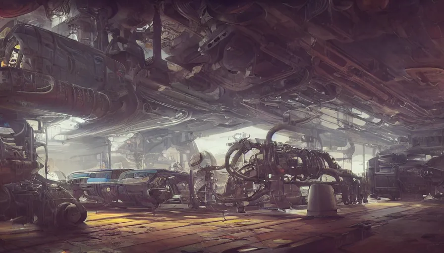 Image similar to the inside of a futuristic mechanic spaceshop, highly detailed interior, holographic screen in center frame by peter mohrbacher and craig mullins, dieselpunk, firefly, cryengine render, hyper realism, realistic shading, cinematic composition, realistic render, octane render, detailed textures, photorealistic, wide shot, fanciful, colorful