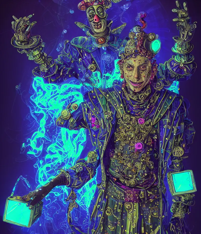 Image similar to front!!! shot of a court jester!!! character, hyperdimensional, (bioluminescent) hypercubes, dark holography!!!, ((sunset)) ((psychedelic)), chrome, mechanical, (((intricate))), elegant, highly detailed, centered, (((artstation, concept art, smooth, sharp focus, artgerm, Tomasz Alen Kopera, Peter Mohrbacher, donato giancola, Joseph Christian Leyendecker, WLOP, Boris Vallejo))), mugshot!!!!!, ugly!!!!!!, octane render, nvidia raytracing demo, octane render, nvidia raytracing demo, octane render, nvidia raytracing demo, grainy, muted, 8K, digitalblasphemy, metatron