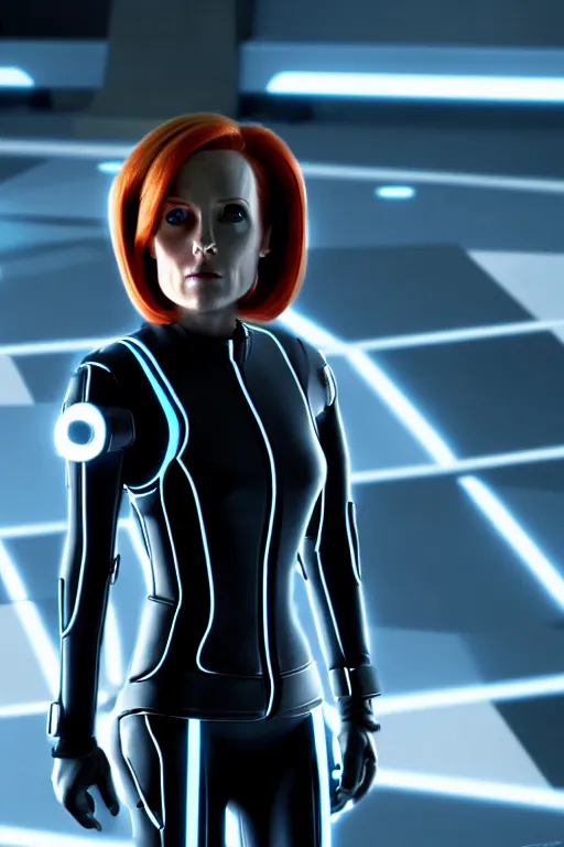 Image similar to dana scully in tron : legacy ( 2 0 1 0 ), cyberpunk aesthetic, glowing panel lines, octane render, nvidia, artstation trending, ultrasharp detail