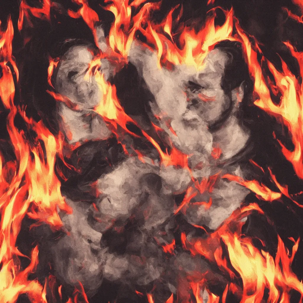 Prompt: portrait of a young man, black hair with white stripe in middle, angry, surrounded by fire in a forest, red cardinal on his shoulder, 4 k,