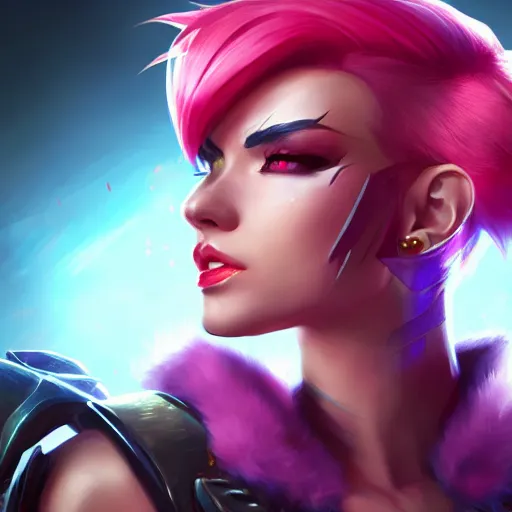 Image similar to portrait of Vi from League of Legends, by Fortiche Studio, by Riot Games, from Netflix's Arcane, trending on artstation,fine details, realistic shaded, fine-face, pretty face, cinematography by Stanley kubrick