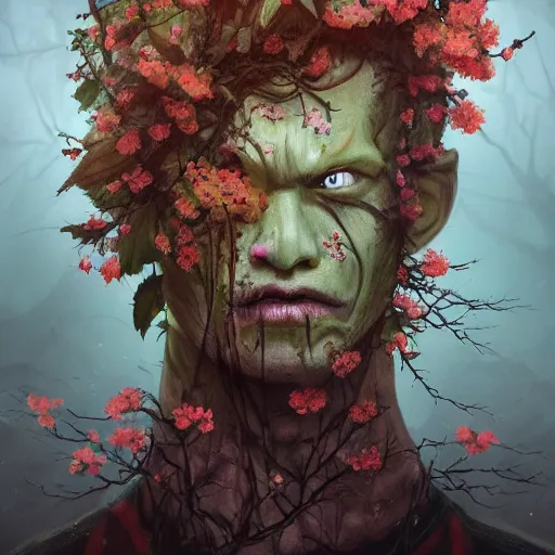 Image similar to a nature portrait of a p - zombie!!! lots of leaves and roots and cherry blossoms. natural lighting art dawn. highly detailed. colourful. moody. artstation, 4 k, horror, by gerald brom and ansel adams and studio ghibli, horror!!!, sakura flowers, lovely