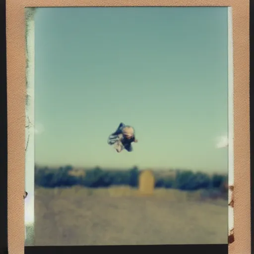 Prompt: an unidentifiable flying object flying through the sky, blurry photo, old polaroid, expired film, historical photo,