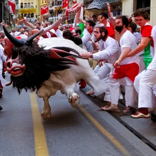 Prompt: giant screaming bob ross running from the bulls in pamplona spain