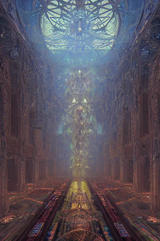 Image similar to a centered photo real render of a post apocalyptic cathedral surrounded by glowing fractals and ornate flowing light streams sacred geometry, by beeple, by donato giancola, unreal engine