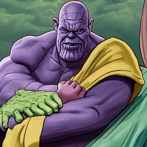 Image similar to photo of thanos sleeping in bed next to yoda