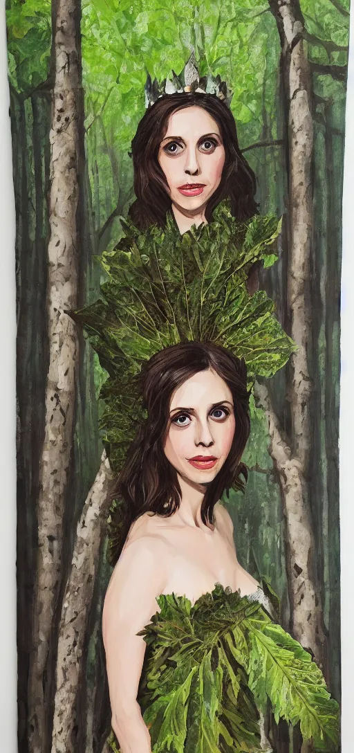 Image similar to Acrylic on canvas long shot of Alison Brie as a wood princess with a leaf dress, low-key lighting, woods background, fairy tale, nature, forest, detailed face, realistic