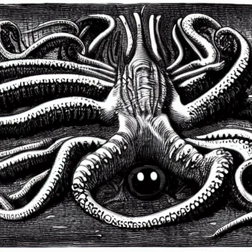 Image similar to void nightmare creature with many teeth many eyes long black body with many tentacles lashing out to grab victims, dark background, harsh lighting, scary, h. r. giger