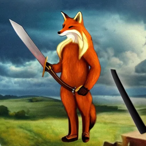 Image similar to anthropomorphic fox!! who is a medieval knight holding a sword towards a stormy thundercloud 1 9 3 0 s film still, castle in the background