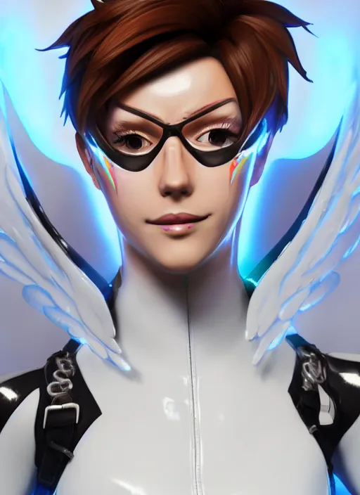 Image similar to portrait bust digital artwork of tracer overwatch, wearing white iridescent rainbow latex and leather straps catsuit outfit, 4 k, expressive happy smug expression, makeup, in style of mark arian, angel wings, wearing detailed black leather collar, chains, black leather harness, detailed face and eyes,