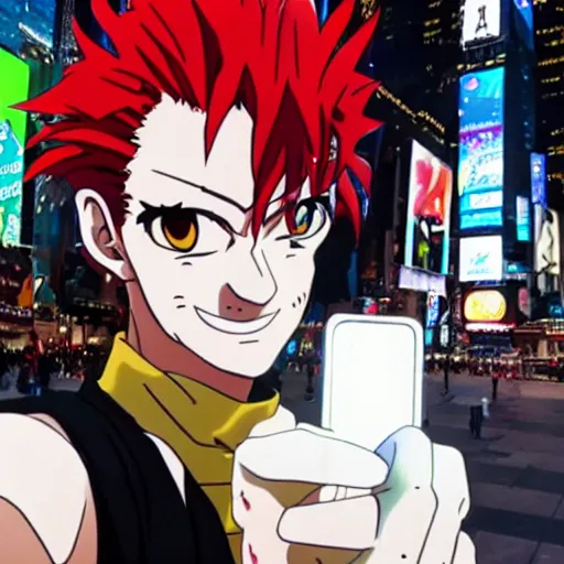 Image similar to hisoka taking a selfie at times square, high quality