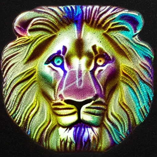 Prompt: iridescent lion chip art, light micrograph