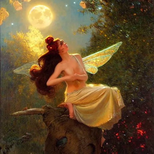 Image similar to attractive fairy magically floating high in the night, fantasy, full moon in background. highly detailed painting by gaston bussiere, craig mullins, j. c. leyendecker, sharp focus, 8 k