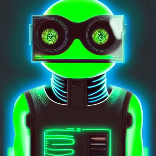 Image similar to digital futuristic electric pepe, artstation, modern, hyper detailed, robot, programming