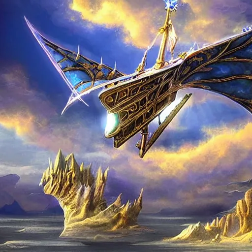 Image similar to fantasy crystal magic skyship flying over dramatic landscape, highly detailed, beautiful