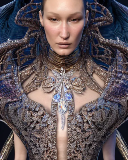 Prompt: a highly detailed metahuman 8 k close up render of bella hadid catwalk renaissance in iris van herpen dress schiaparelli in diamonds crystals swarovski and jewelry iridescent in style of alphonse mucha trending on artstation made in unreal engine 4