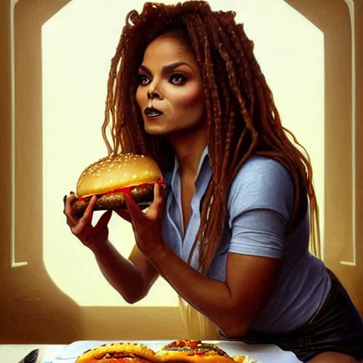 Image similar to portrait of janet jackson eating a mammoth hamburger, extra pickles and onions, ethereal, handsome, d & d, fantasy, intricate, elegant, highly detailed, digital painting, artstation, concept art, matte, sharp focus, illustration, art by artgerm and greg rutkowski and alphonse mucha