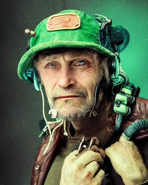 Image similar to an intimate portrait of a gnarly human cyberpunk captain, old skin, faded hat, charming, strong leader, green eyes, a look of cunning, detailed matte fantasy painting
