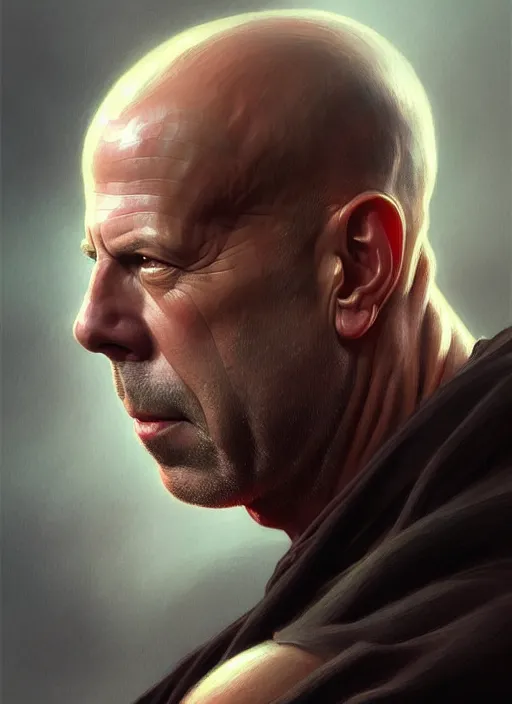 Prompt: Portrait of Bruce Willis, D&D, muscular, fantasy, intricate, elegant, highly detailed, digital painting, artstation, concept art, smooth, sharp focus, illustration, art by artgerm and greg rutkowski and alphonse mucha