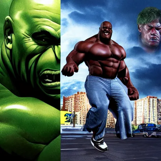 Image similar to if Shaq O'Neil was the hulk, cinematic, epic, cool, photo realistic, 4k, high detail